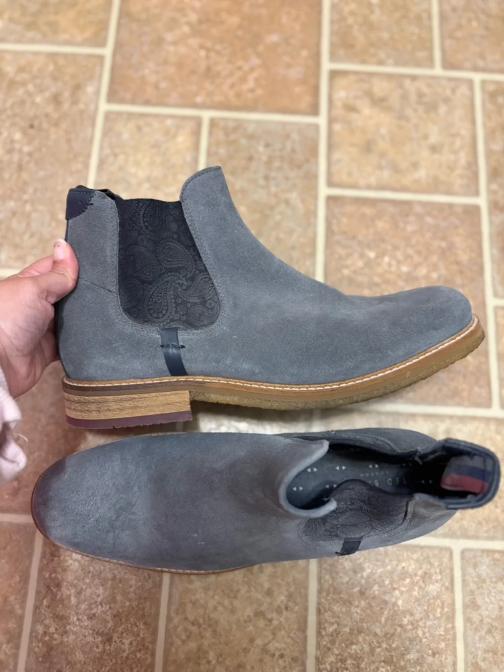 Ted Baker Secaint Suede Chelsea/ Chukka Paisley Print Boots Gray & Navy Size 12